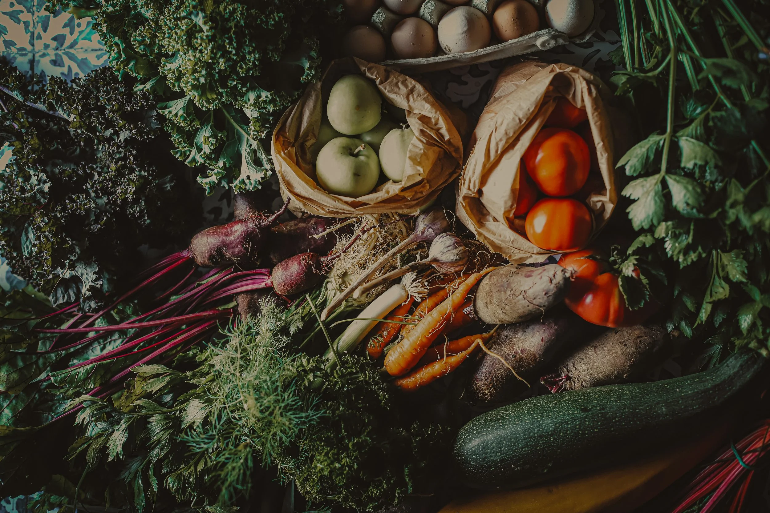 Fresh vegetables including apples, tomatoes, carrots, zucchini, beets, garlic, eggplant, and leafy greens displayed on a surface.