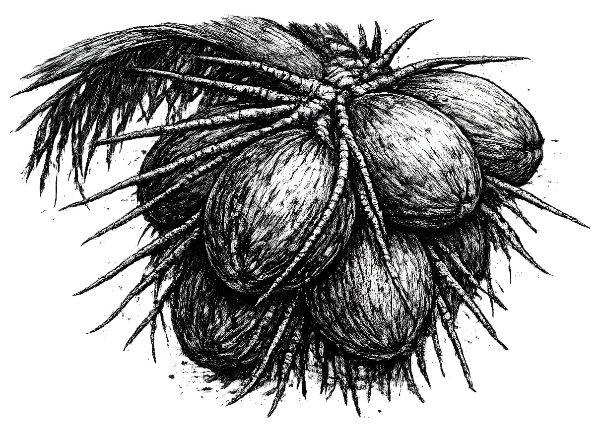 Black and white drawing of a cluster of coconuts with a palm frond behind them.