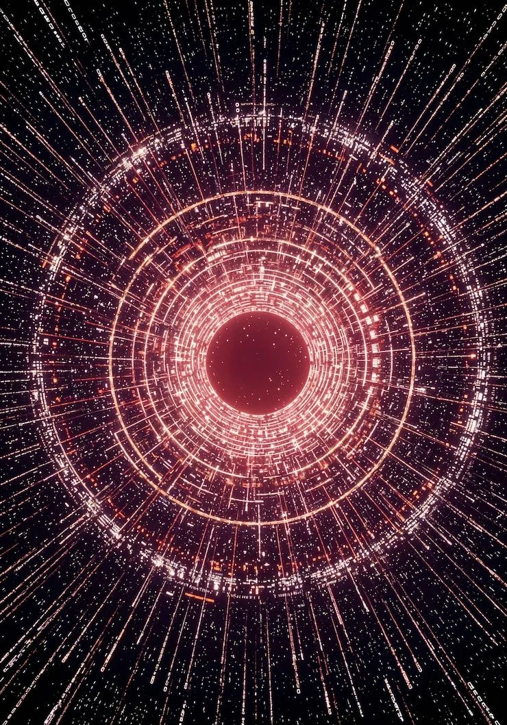 Digital art depicting a glowing, concentric circular pattern with radiating lines, resembling a futuristic tunnel or wormhole in space.