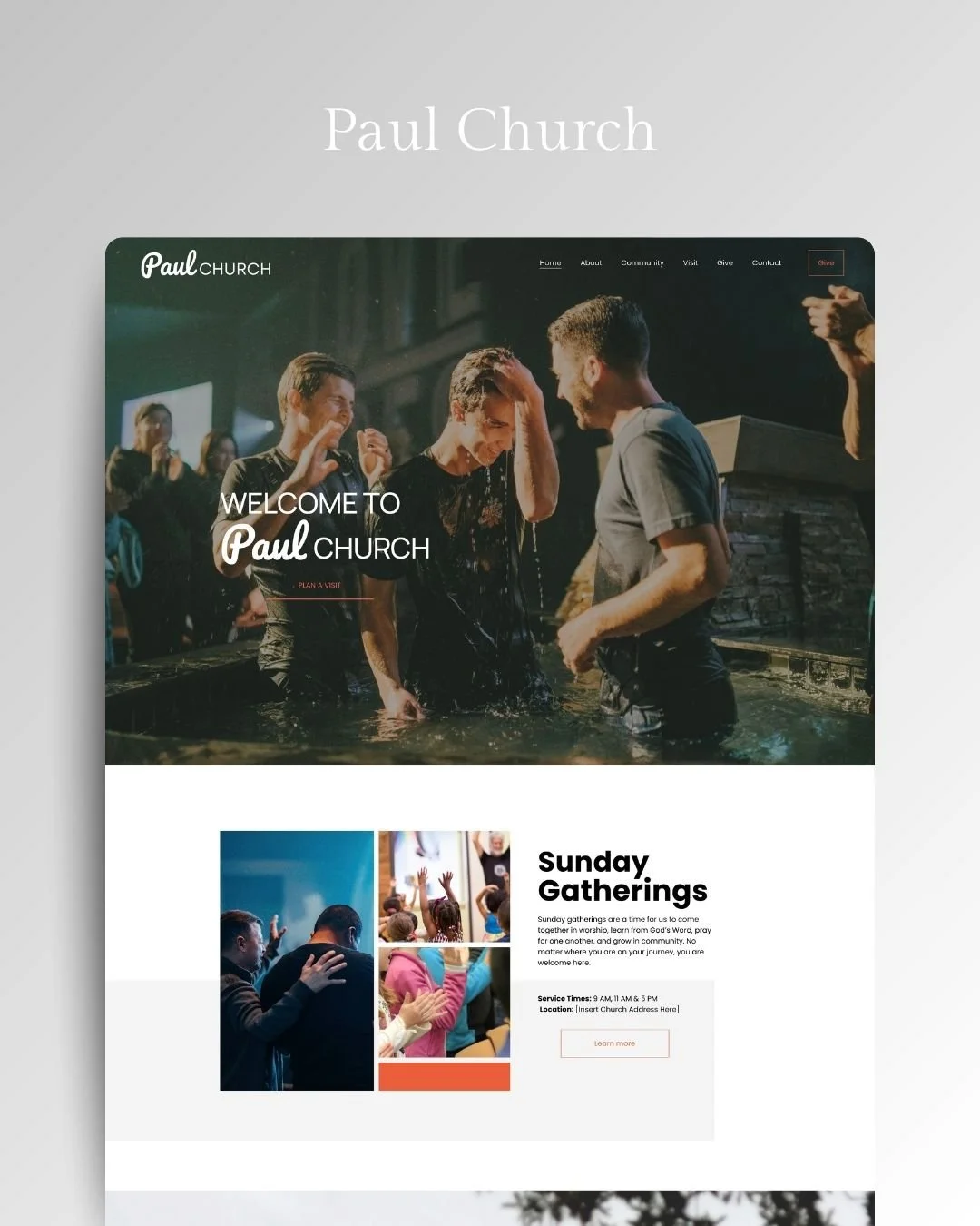 Screenshot of a church website homepage featuring a large image of people baptizing in a baptism pool, with text welcoming visitors to Paul Church and information about Sunday gatherings.