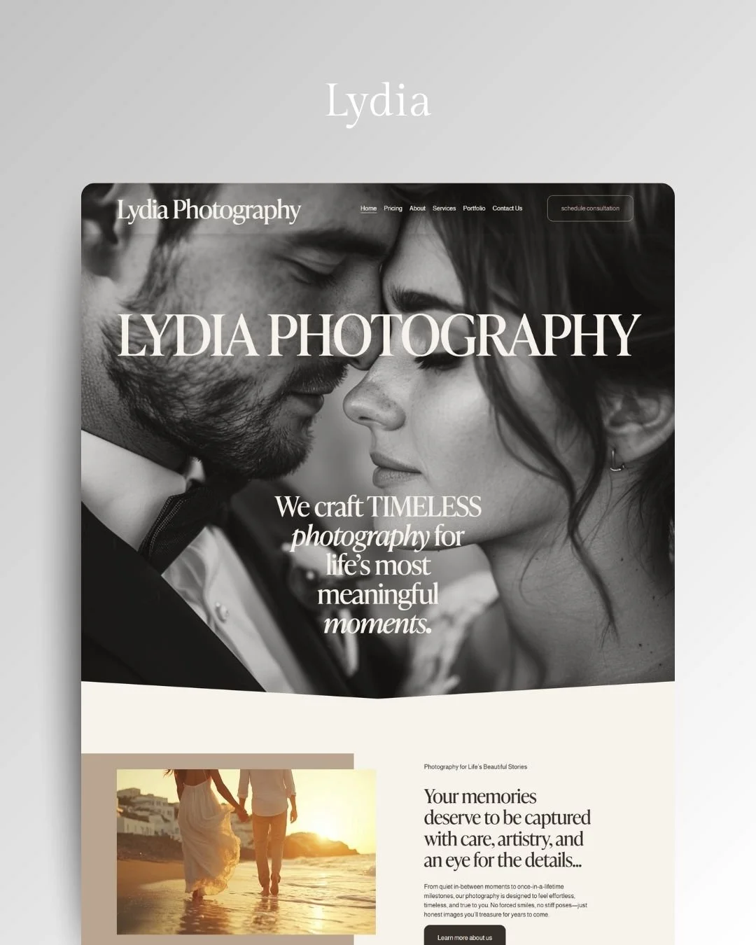 Screenshot of Lydia Photography homepage featuring a black-and-white photo of a man and woman close together, with text overlay emphasizing timeless photography for meaningful moments, alongside a smaller photo of a couple holding hands at sunset.