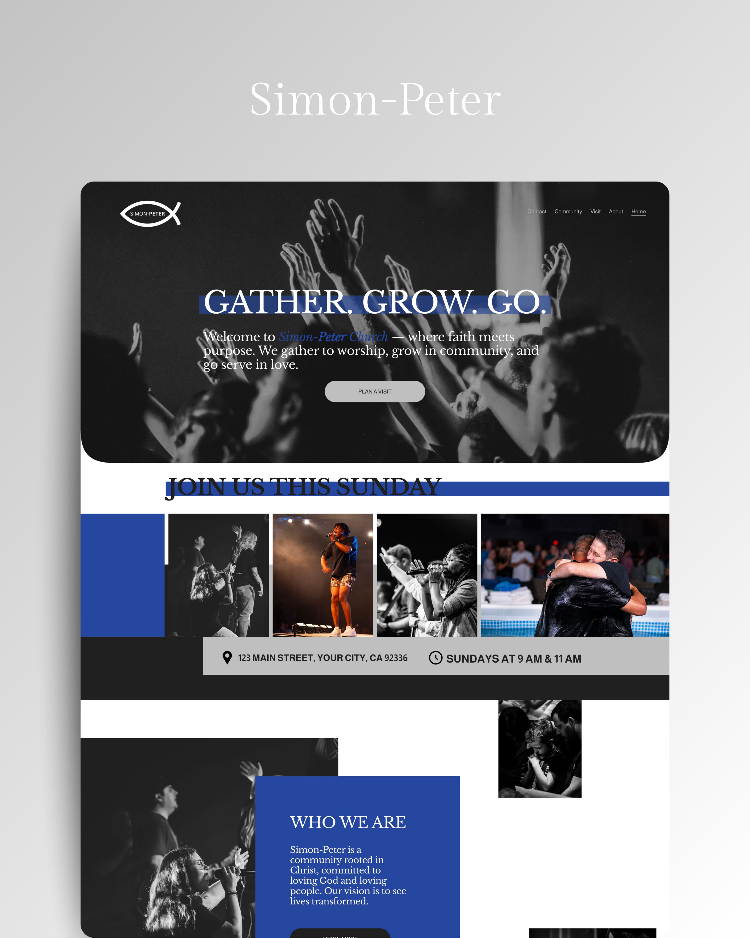 A church website homepage featuring Simon-Peter Squarespace website template for churches, ministries, and faith-based organizations with bold layouts and modern church website design.