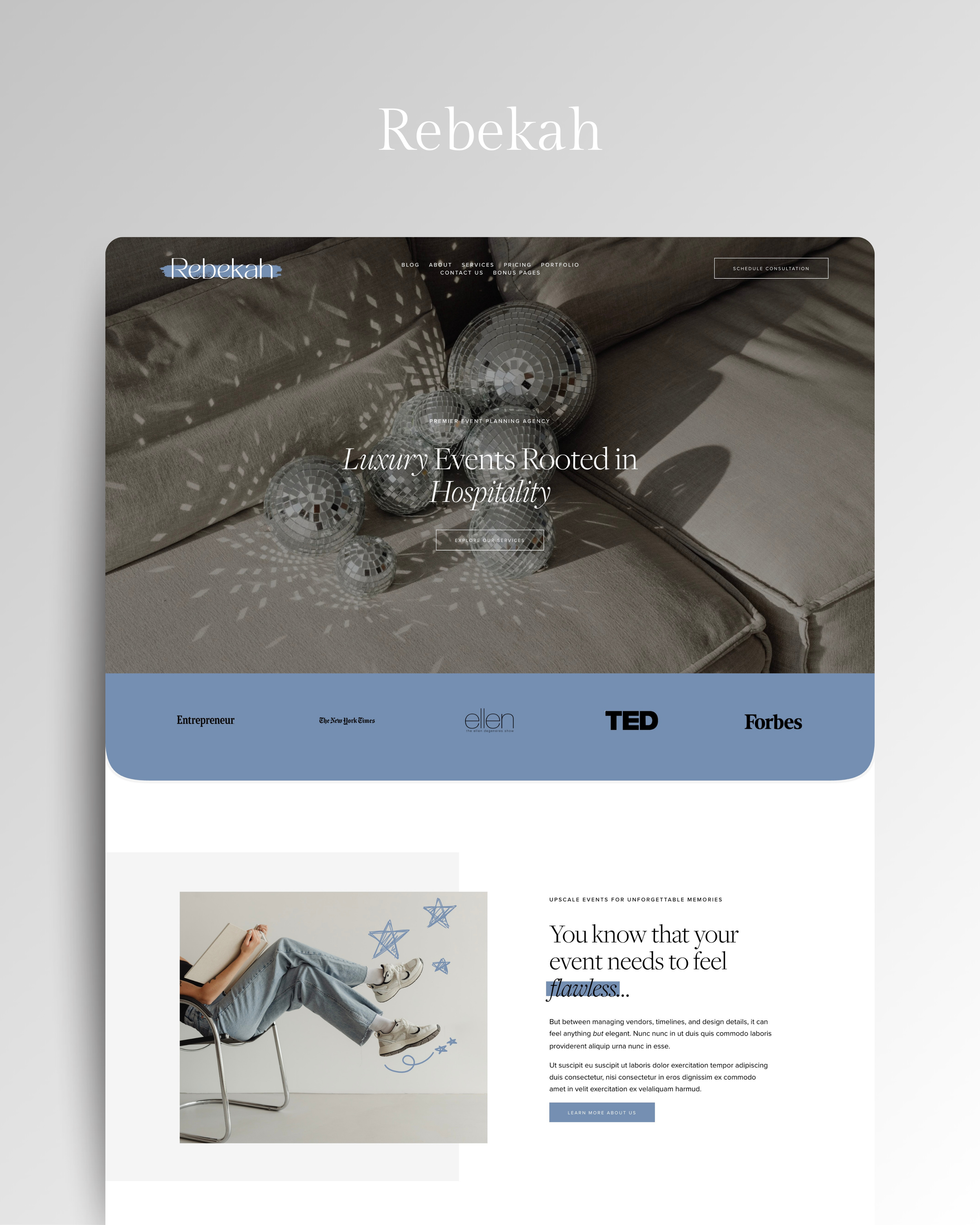 Homepage of a website for Rebekah, a luxury event planning agency, Rebekah Squarespace website template with playful yet polished layouts, designed for event planners, service providers, and lifestyle brands.