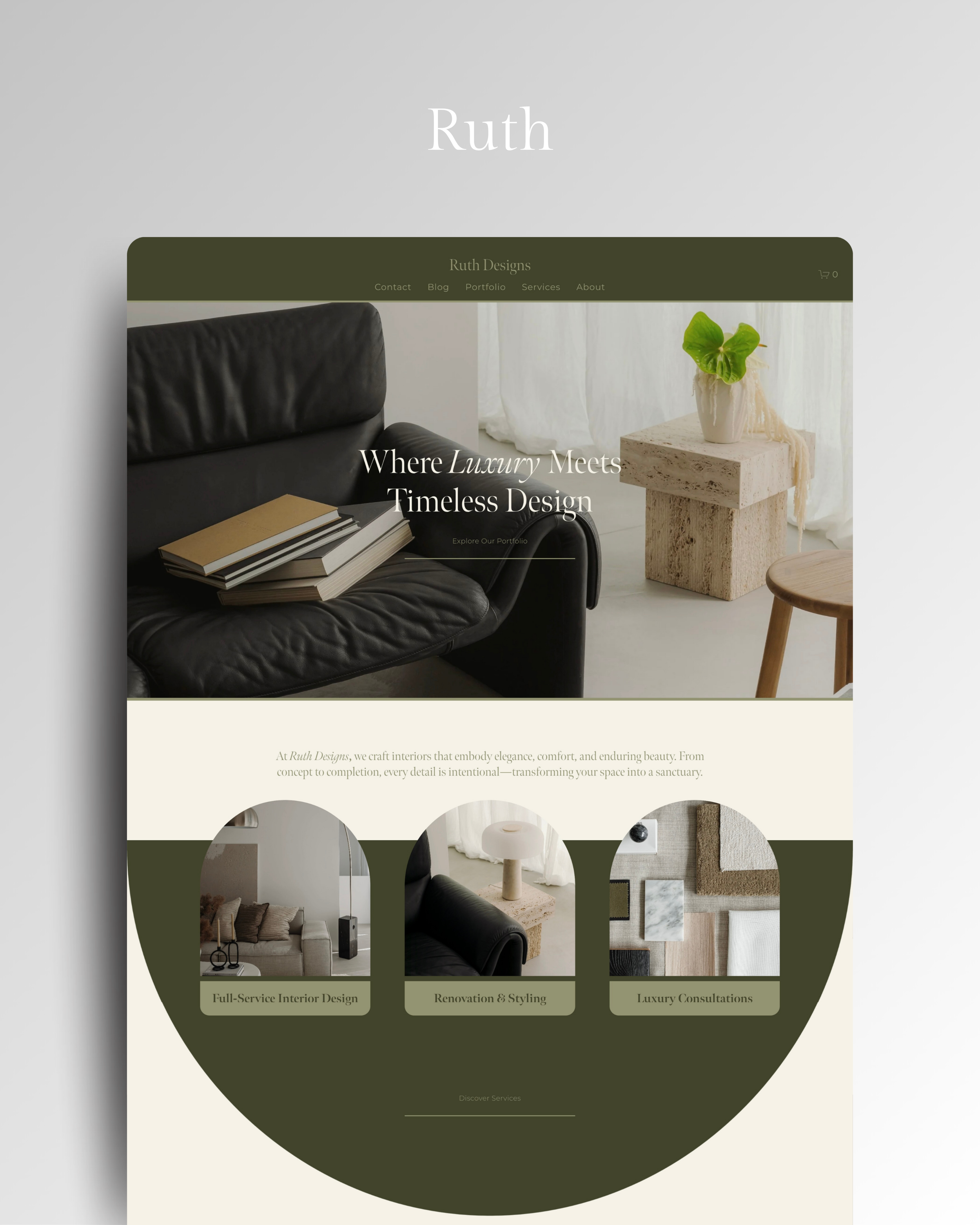 Homepage of Ruth Designs interior decorating Ruth Squarespace website template with elegant editorial design, modern layouts, and luxury-inspired styling—perfect for interior designers, stylists, creative studios, and service providers.