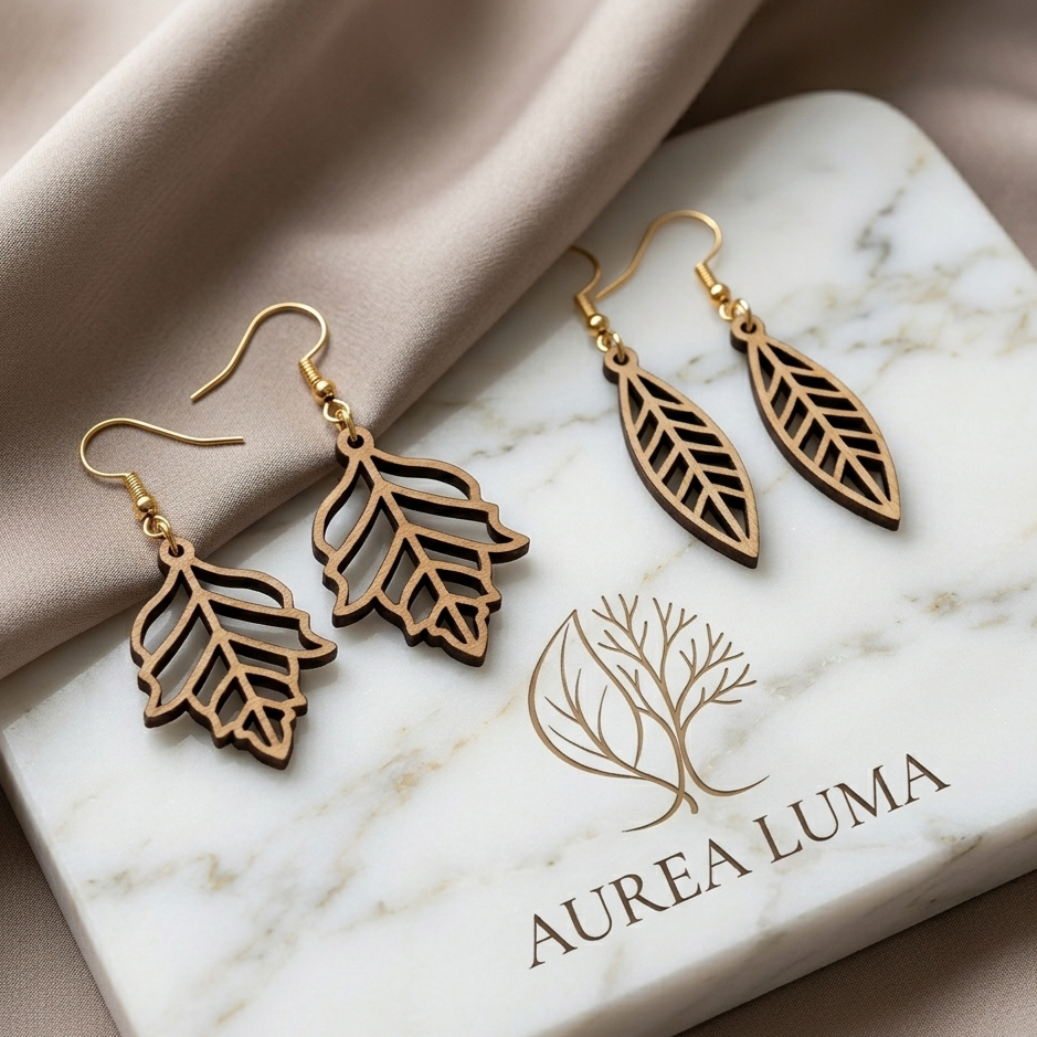 Two pairs of leaf-shaped earrings with gold hooks, displayed on a branded marble surface with a beige fabric background.