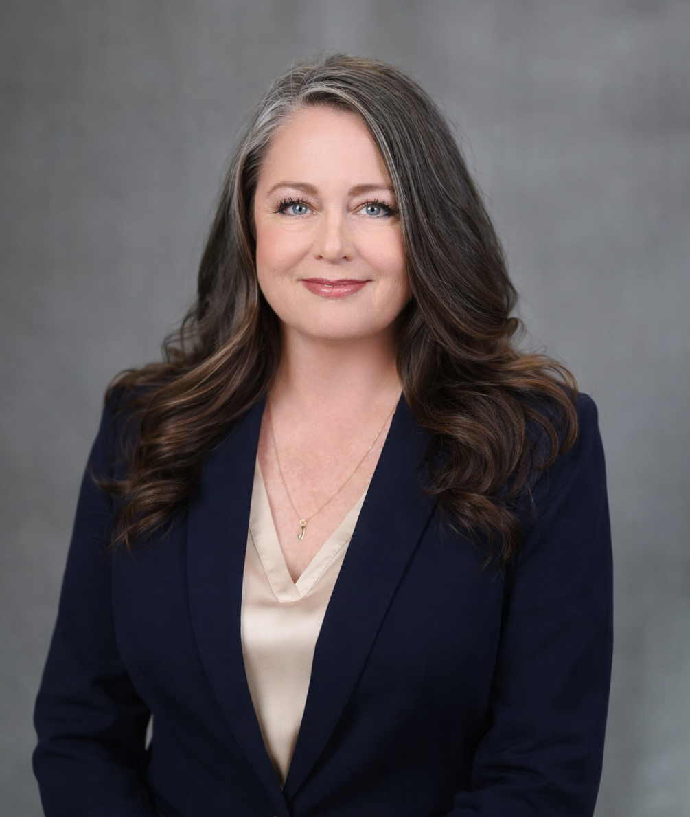 Professional woman with long, wavy brown hair, wearing a navy blazer, cream-colored blouse, and a gold necklace with the letter 'J', smiling in front of gray background.