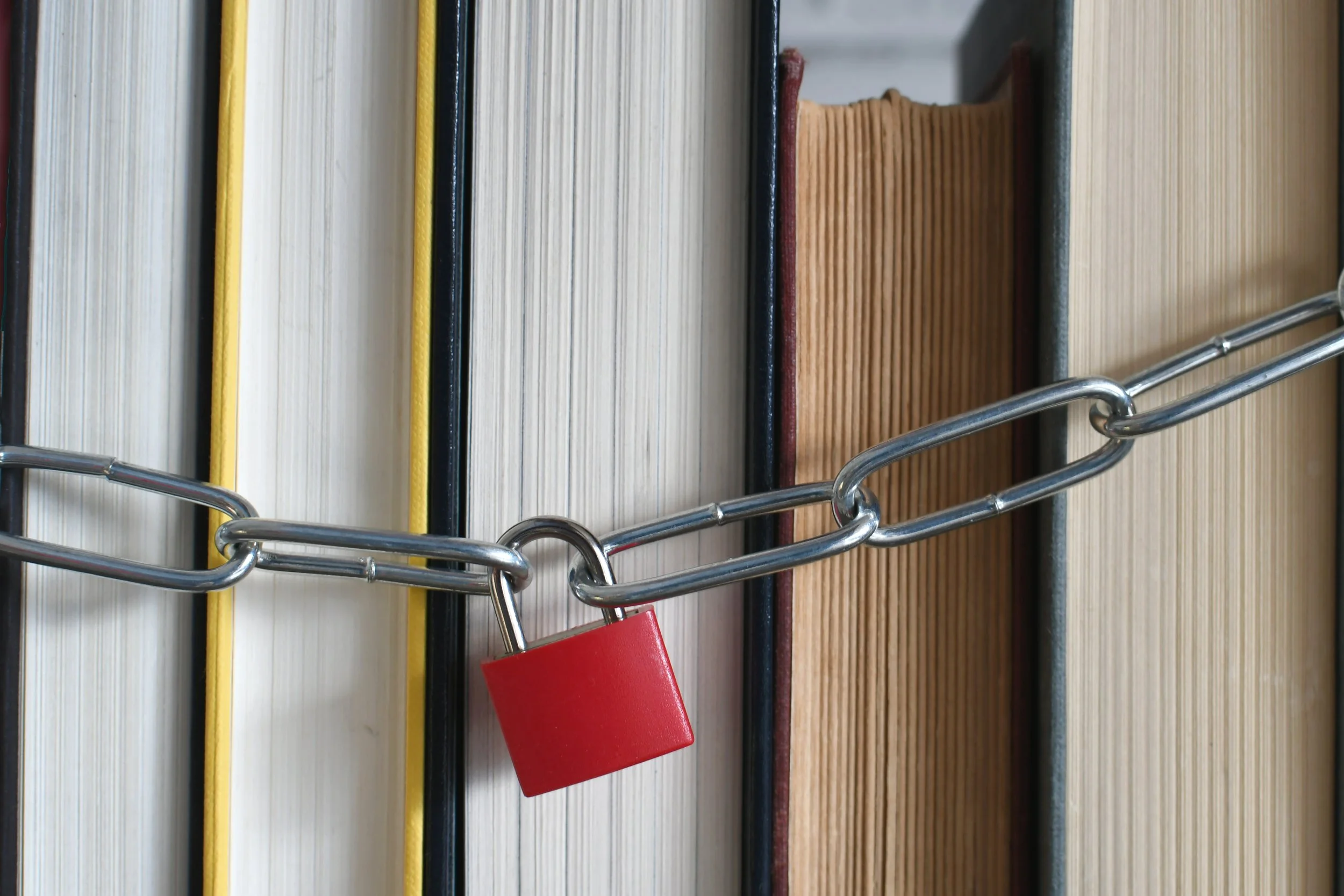 A close-up of a locked section of bookshelf with books behind a metal security grate and a red padlock.