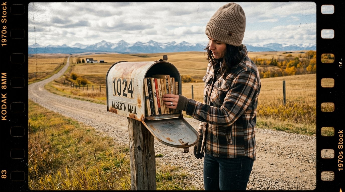 A woman wearing a brown beanie and plaid jacket stands by a rusty mailbox labeled '1024 Alberta Mail' on a rural dirt road, looking at a collection of books inside the mailbox. The landscape features open fields, a winding road, distant mountains, and a cloudy sky.