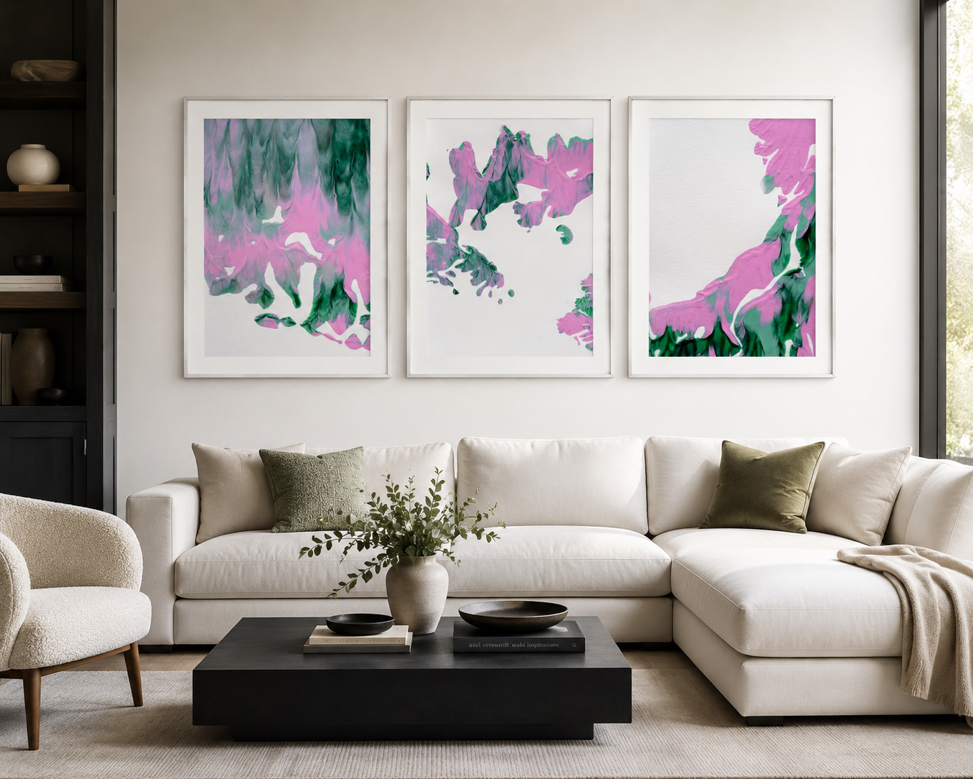 Three Matriarchy Emerging abstract artworks by Amy Buckner Chowdhry displayed above a contemporary living room sofa.