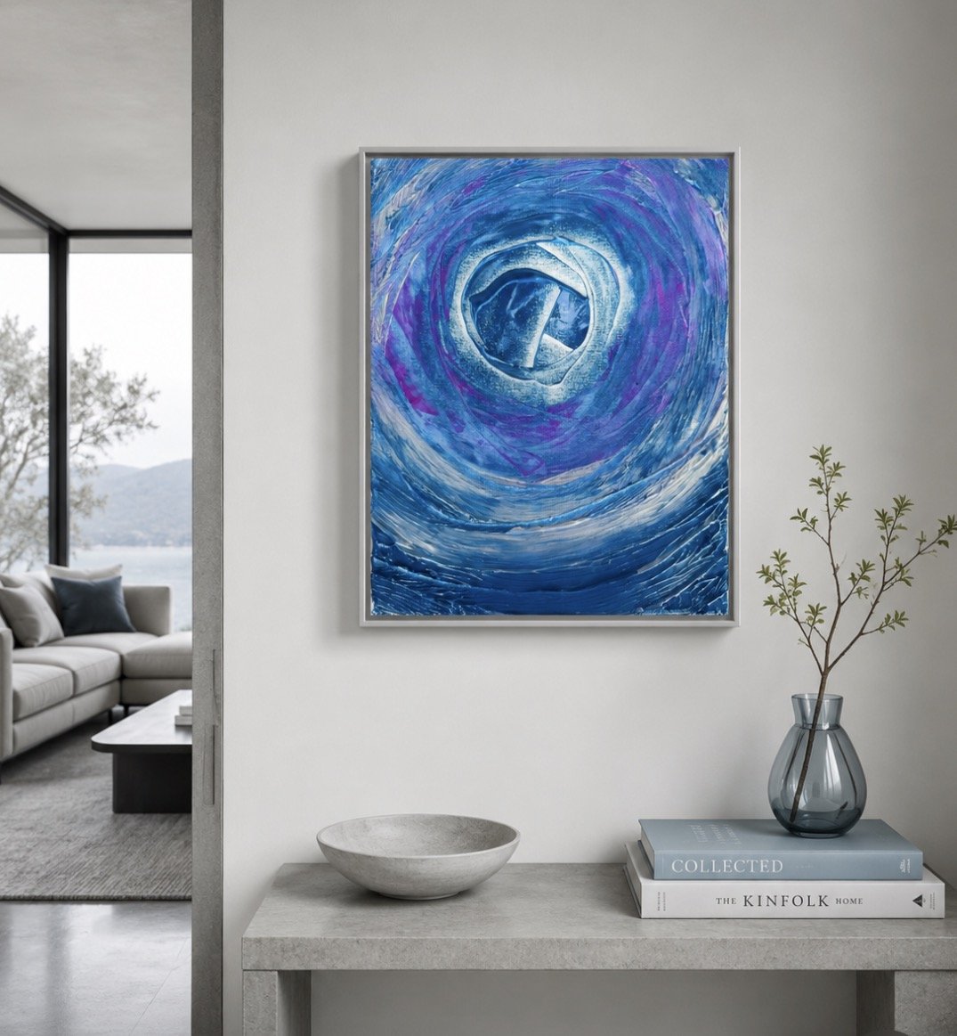 Invitation abstract art by Amy Buckner Chowdhry displayed in a serene foyer.