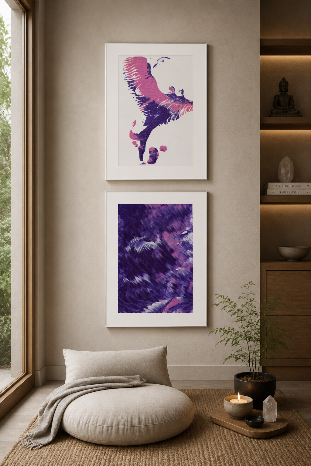 On Sacred Ground artworks by Amy Buckner Chowdhry displayed in a quiet meditation space.