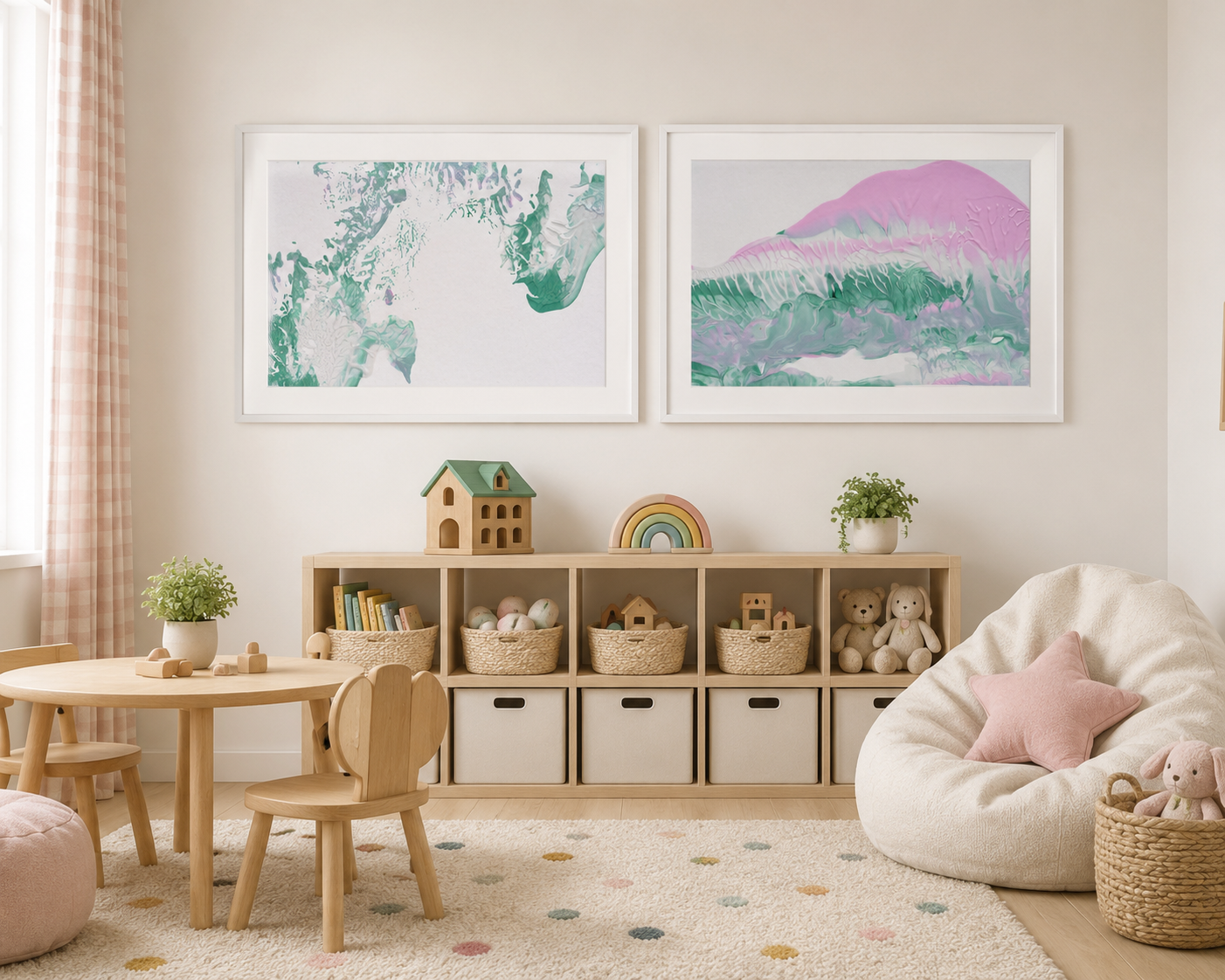 Two Flora & Fauna abstract artworks by Amy Buckner Chowdhry displayed in a light-filled children's playroom.
