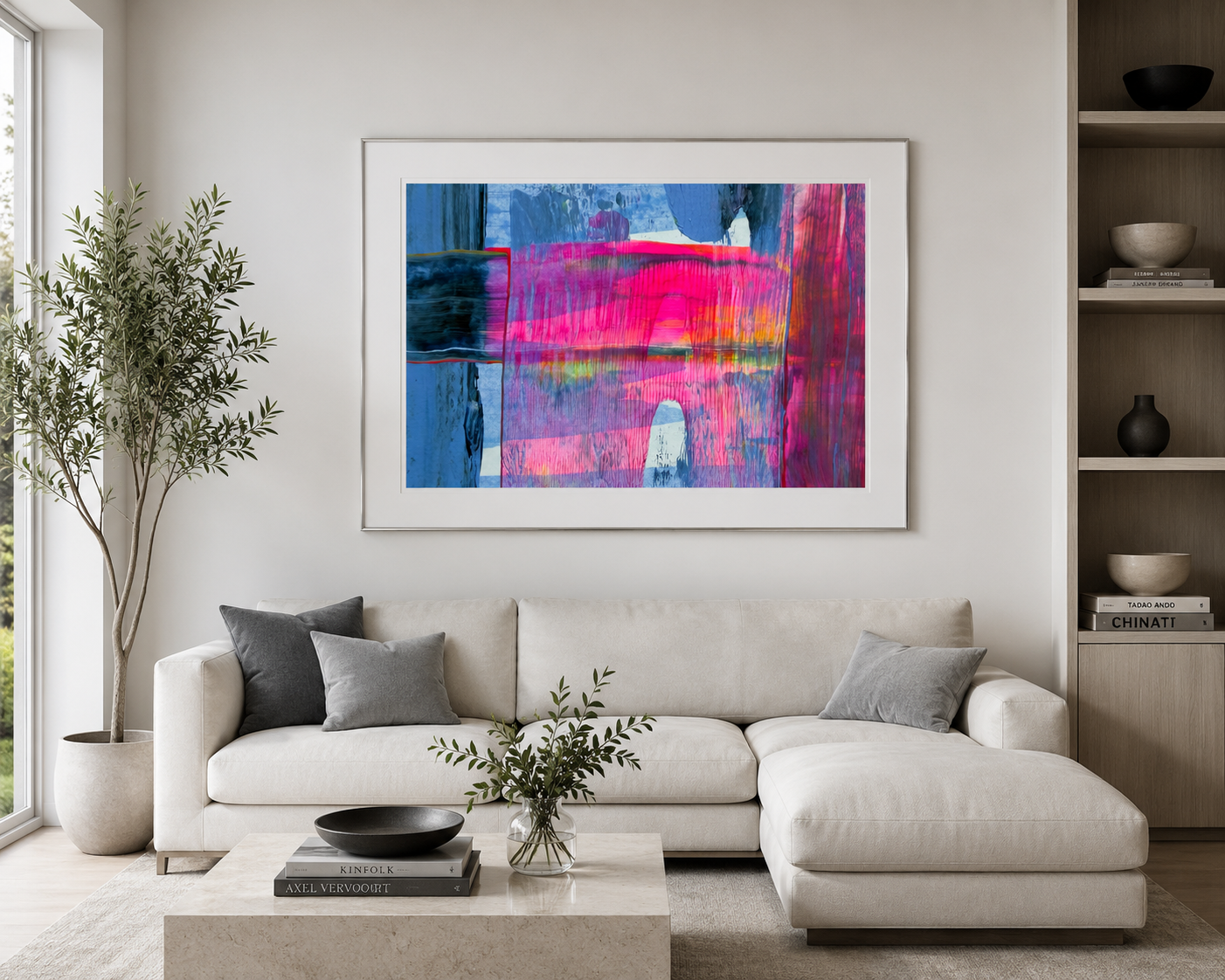 Spontaneity abstract art by Amy Buckner Chowdhry displayed in a cozy living room.