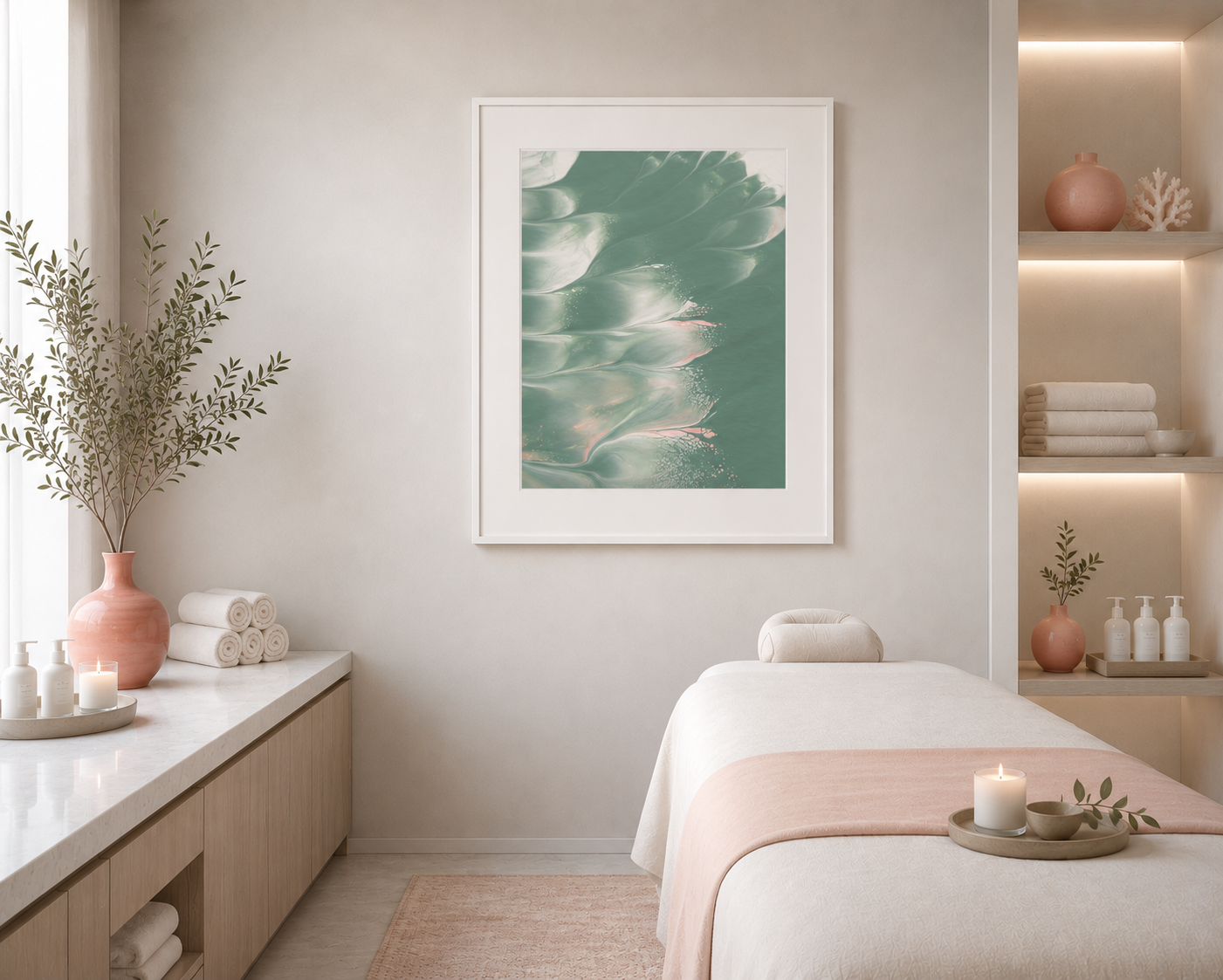 Low Country by Amy Buckner Chowdhry displayed in a serene spa treatment room.