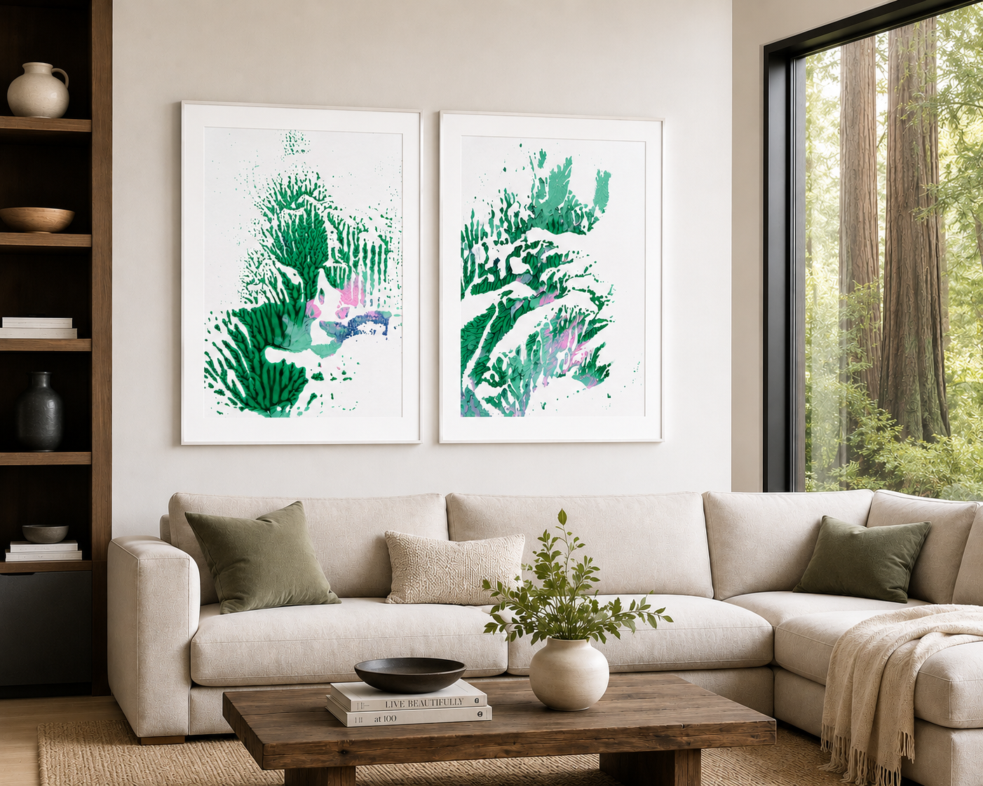 Two Beginning of Creation abstract artworks by Amy Buckner Chowdhry displayed above a sofa in a contemporary living room.