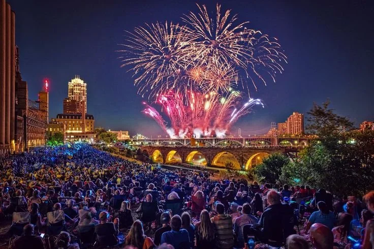 Minneapolis Aquatennial fireworks celebration over downtown skyline managed through large-scale public event strategy
