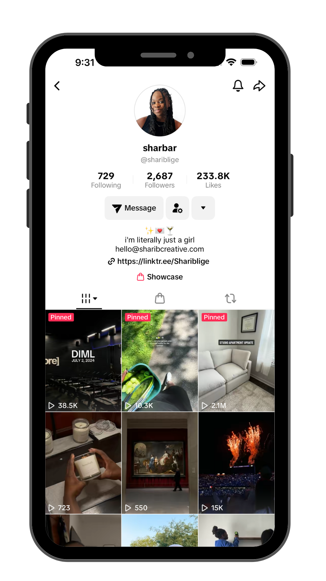A smartphone screen displaying a TikTok profile of a user named Sharbar with 2,687 followers and 233.8K likes, showing various pinned video thumbnails including a dance studio, a person walking outdoors, a living room, candles, an art gallery, and fireworks.