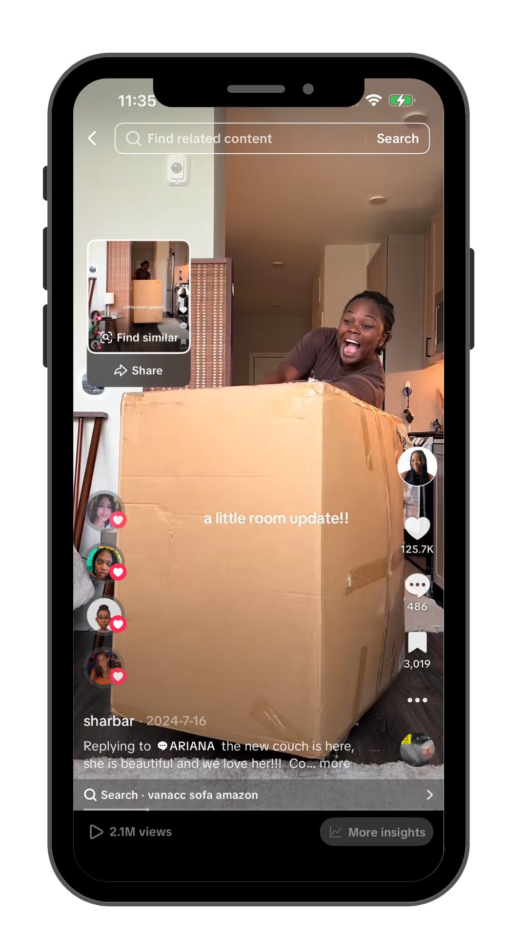 A woman is opening a large cardboard box in a living room, smiling and appearing excited, with the words 'a little room update!!' overlaid on the image.
