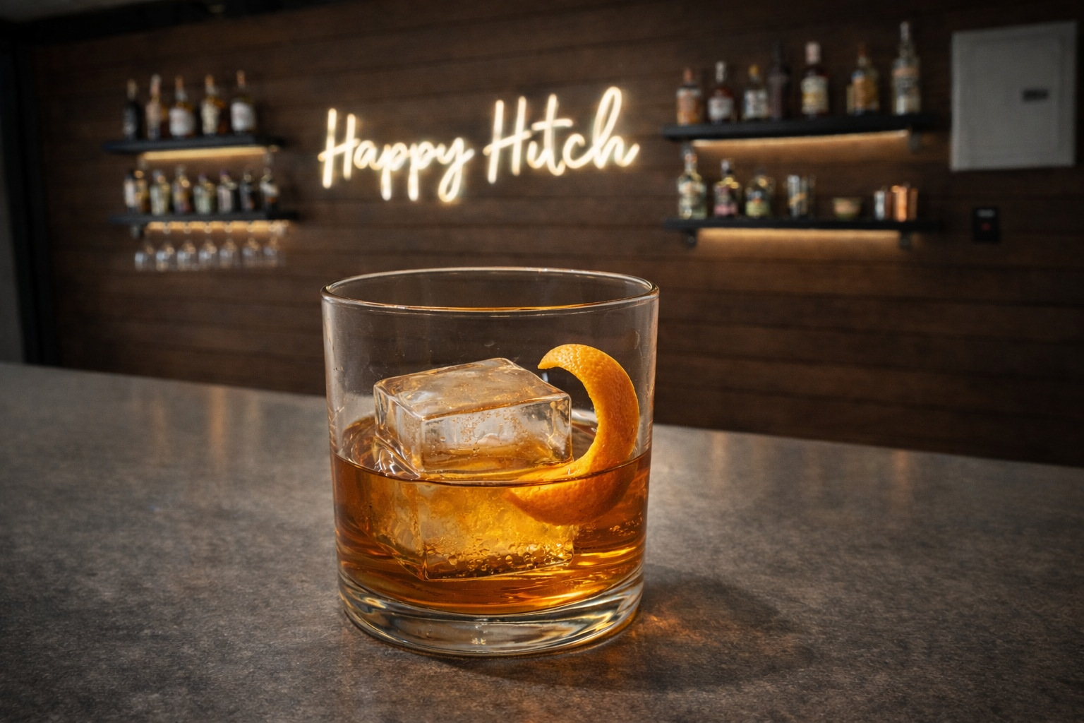 Close-up of a glass of whiskey with a large ice cube and a lemon twist, on a bar counter with a wooden wall and neon sign saying 'Happy Hitch' in the background.