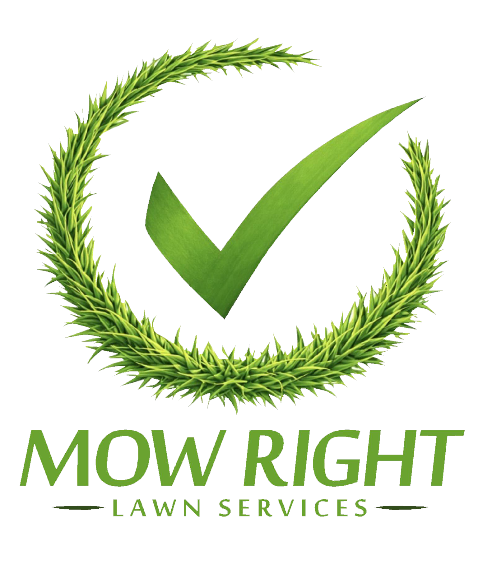 A logo with a green laurel wreath encircling a checkmark with a blue upper part and a green lower part, with the words 'MOW RIGHT' in green and purple text and 'LAWN SERVICES' below