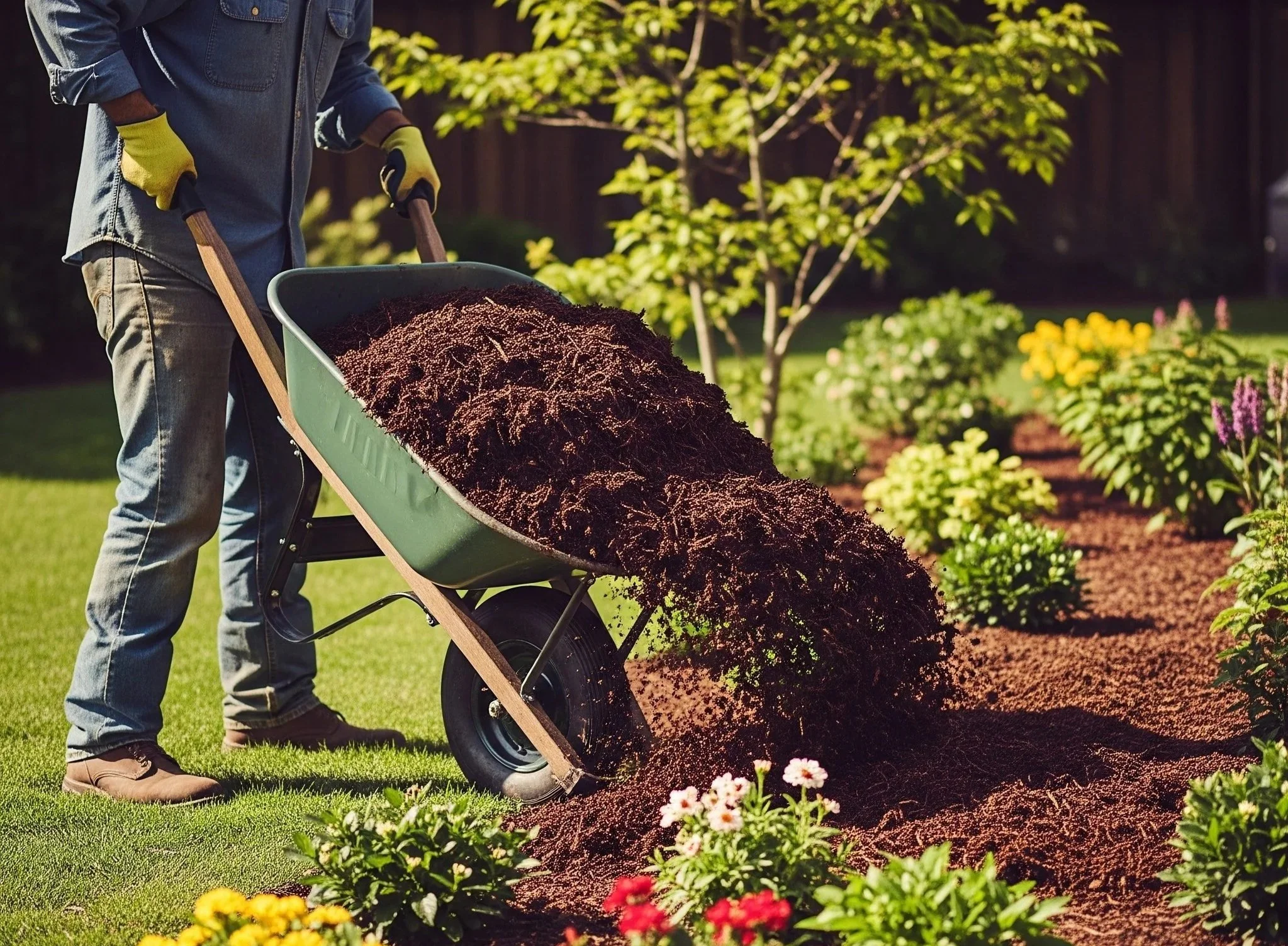 Mow Right does mulch installation. Person spreading soil in a garden with a wheelbarrow during daytime.