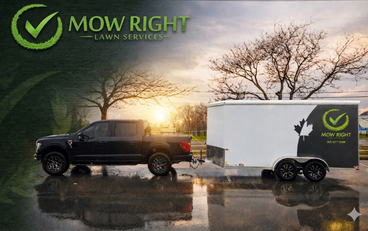 A black pickup truck towing a white trailer with green and black branding for Mow Right Lawn Services, parked on a wet road during sunset with bare trees in the background.