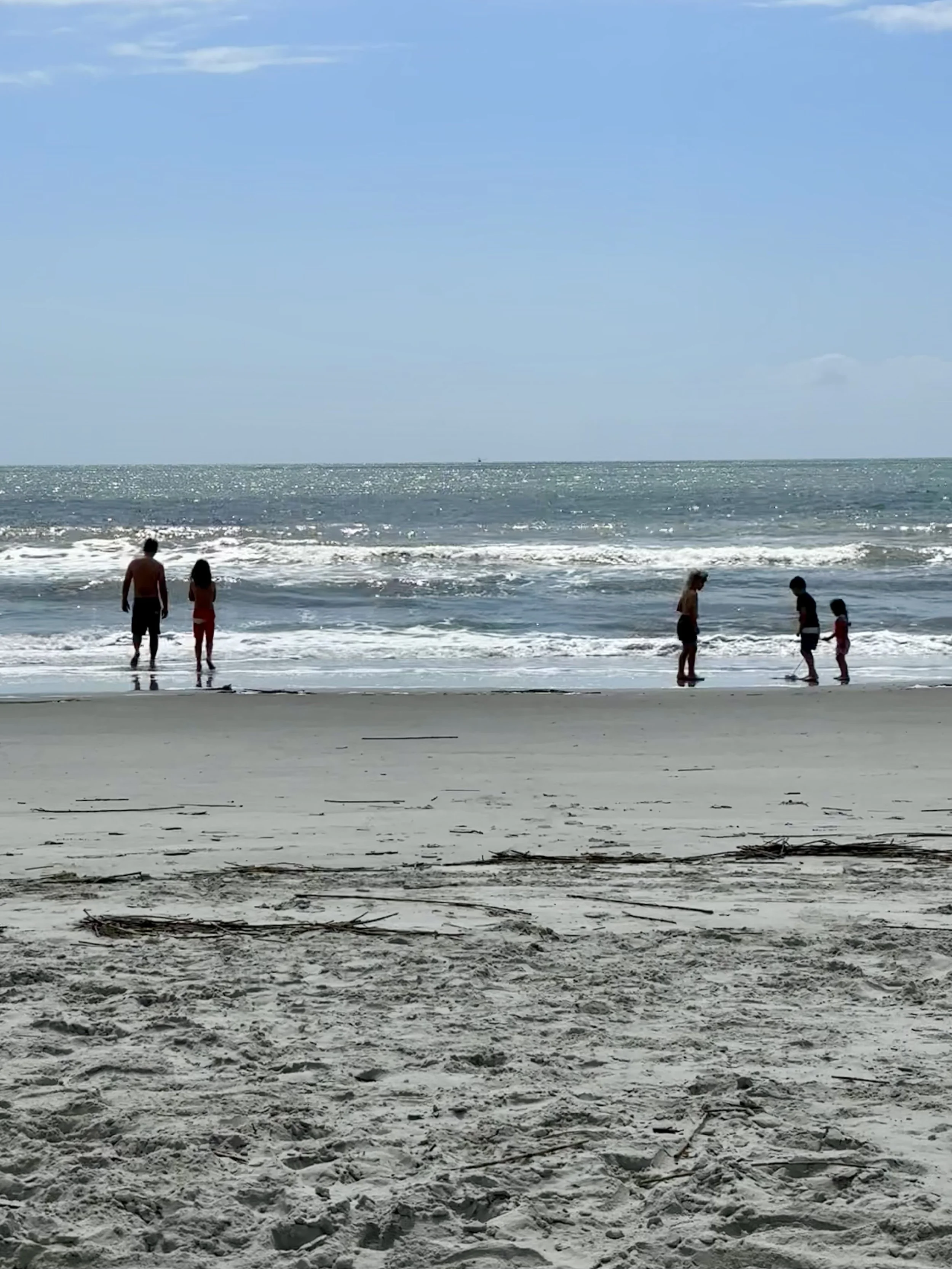 People standing on the sandy beach near the shoreline, with the ocean and blue sky in the background.