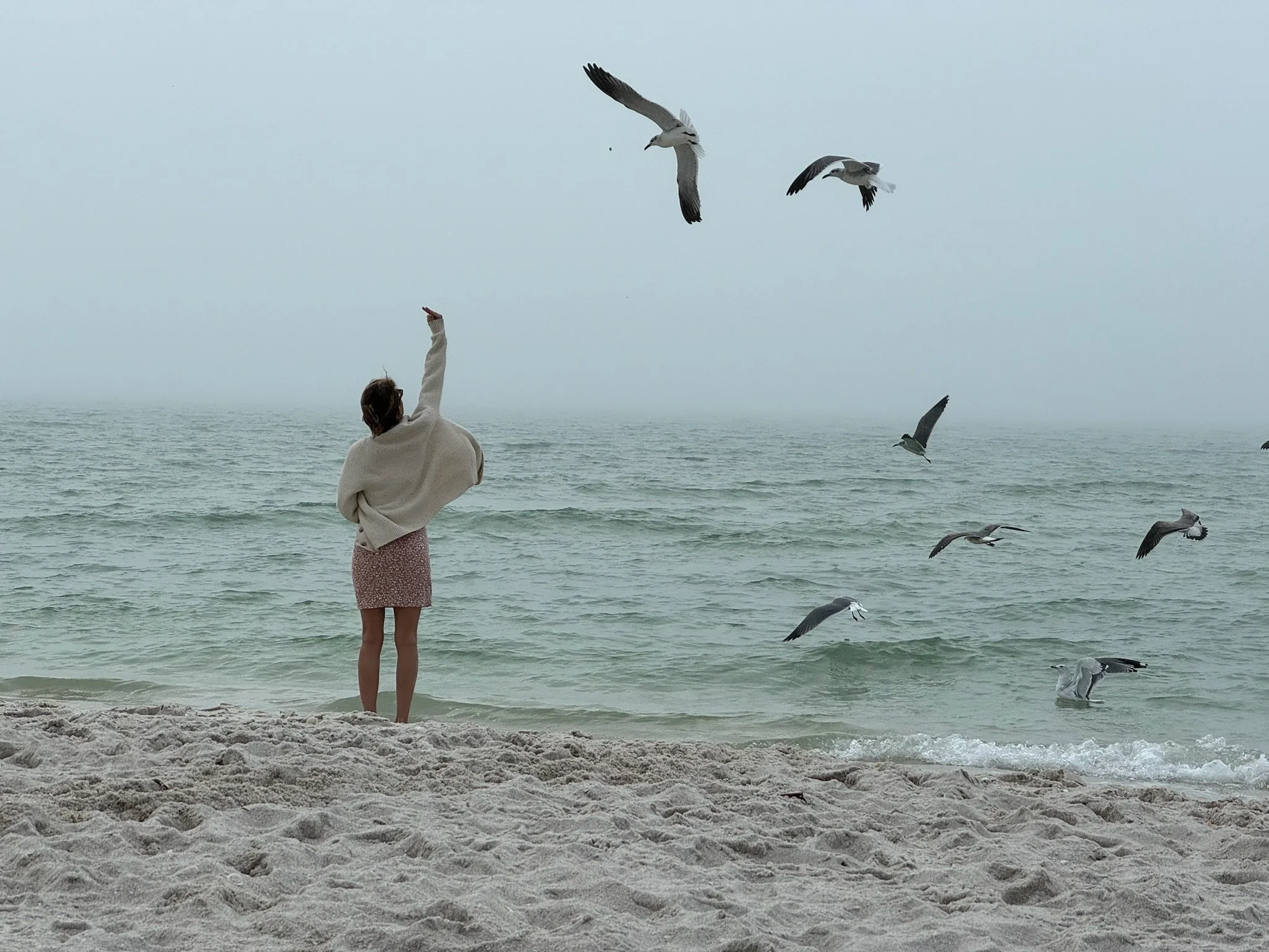 A woman standing on the beach near the ocean, wearing a beige sweater and pink skirt, reaching out towards the seagulls flying over the water on a cloudy day.