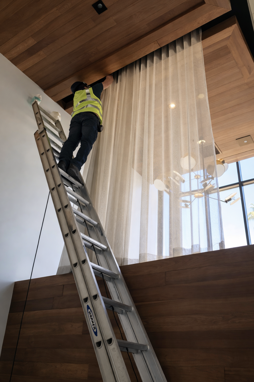 Custom sheer drapery installation for tall windows in San Diego commercial space