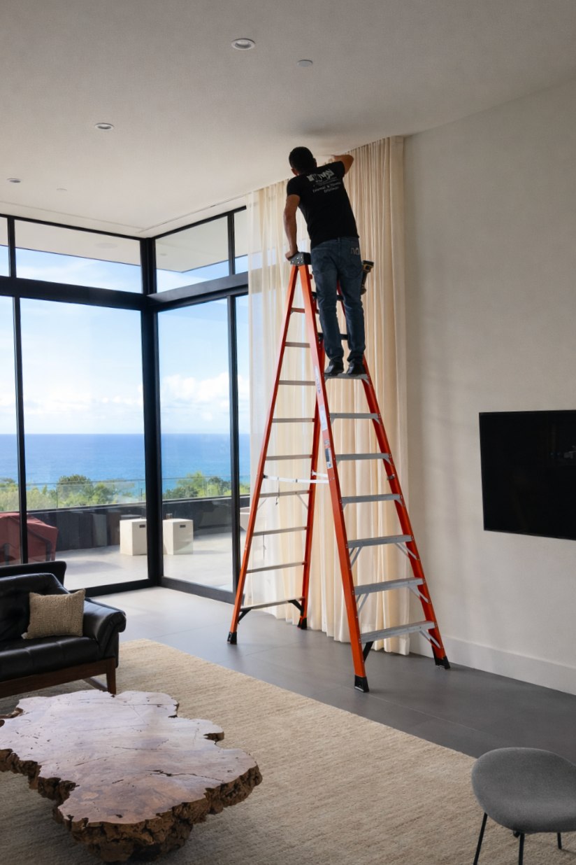 Custom sheer drapery installation for large ocean view windows in San Diego home