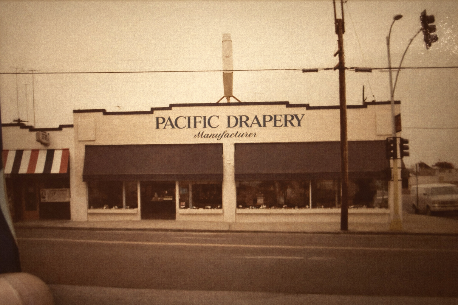 The storefront of Pacific Drapery, a manufacturer, in San Diego 1977
