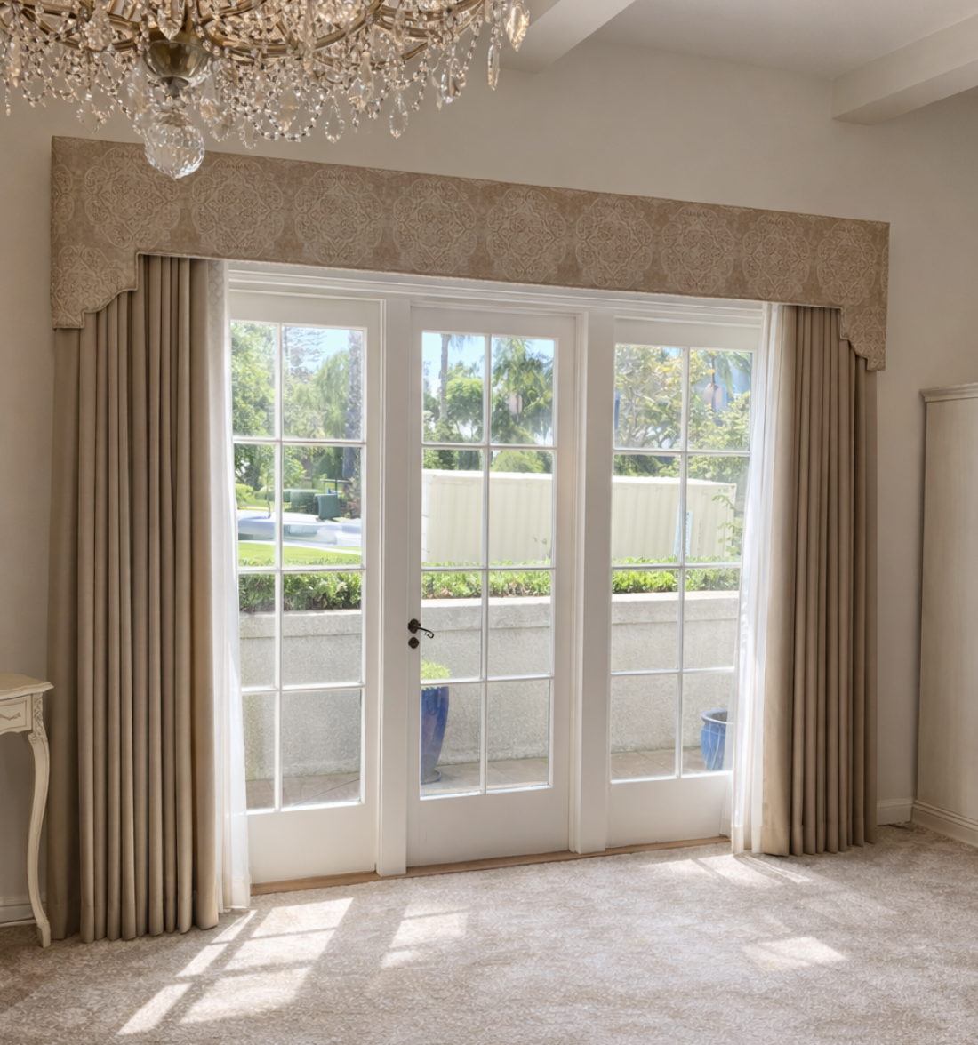 Custom drapery and valance for French doors in San Diego home