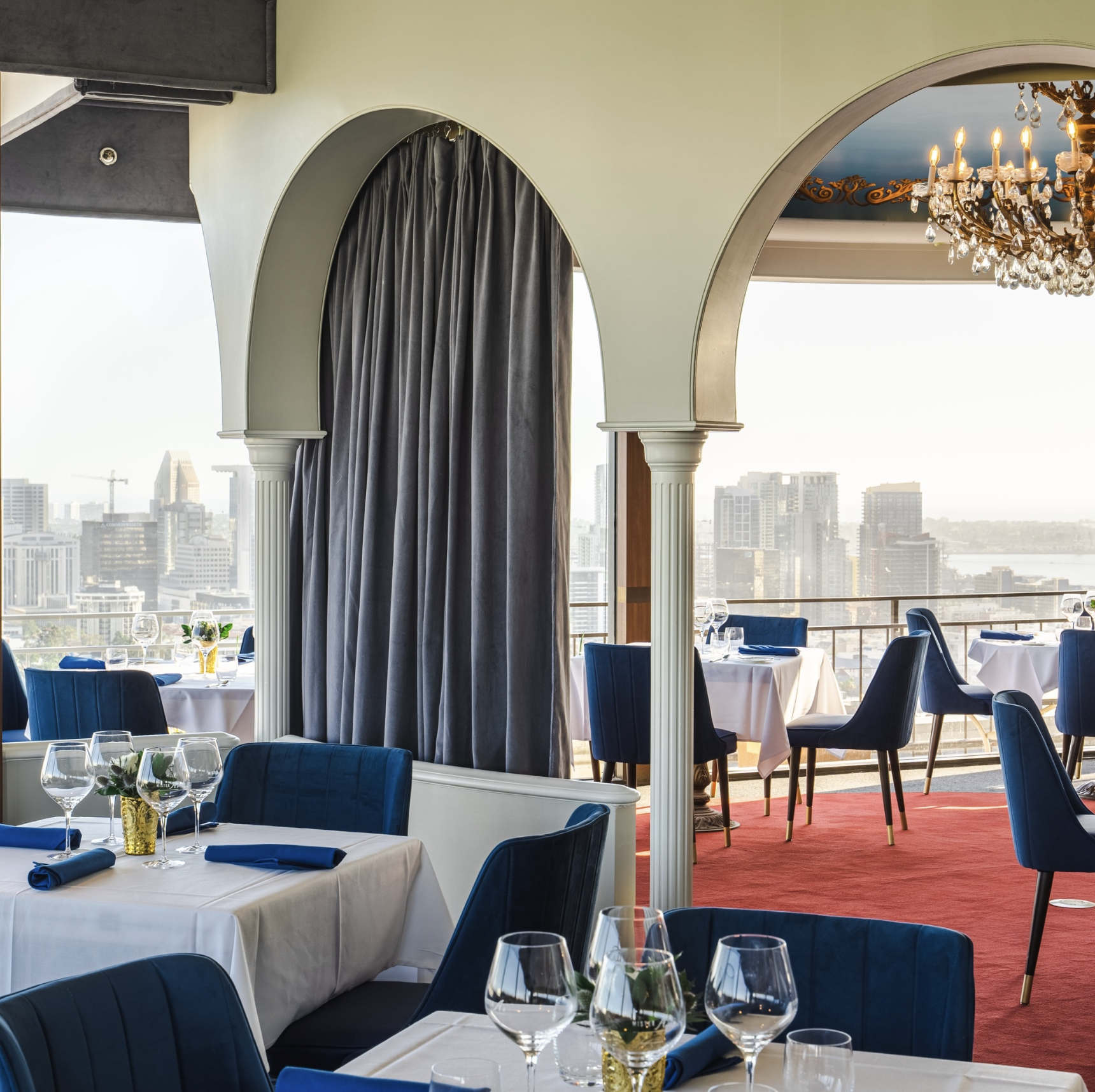 Custom commercial drapery at Mister A’s restaurant San Diego