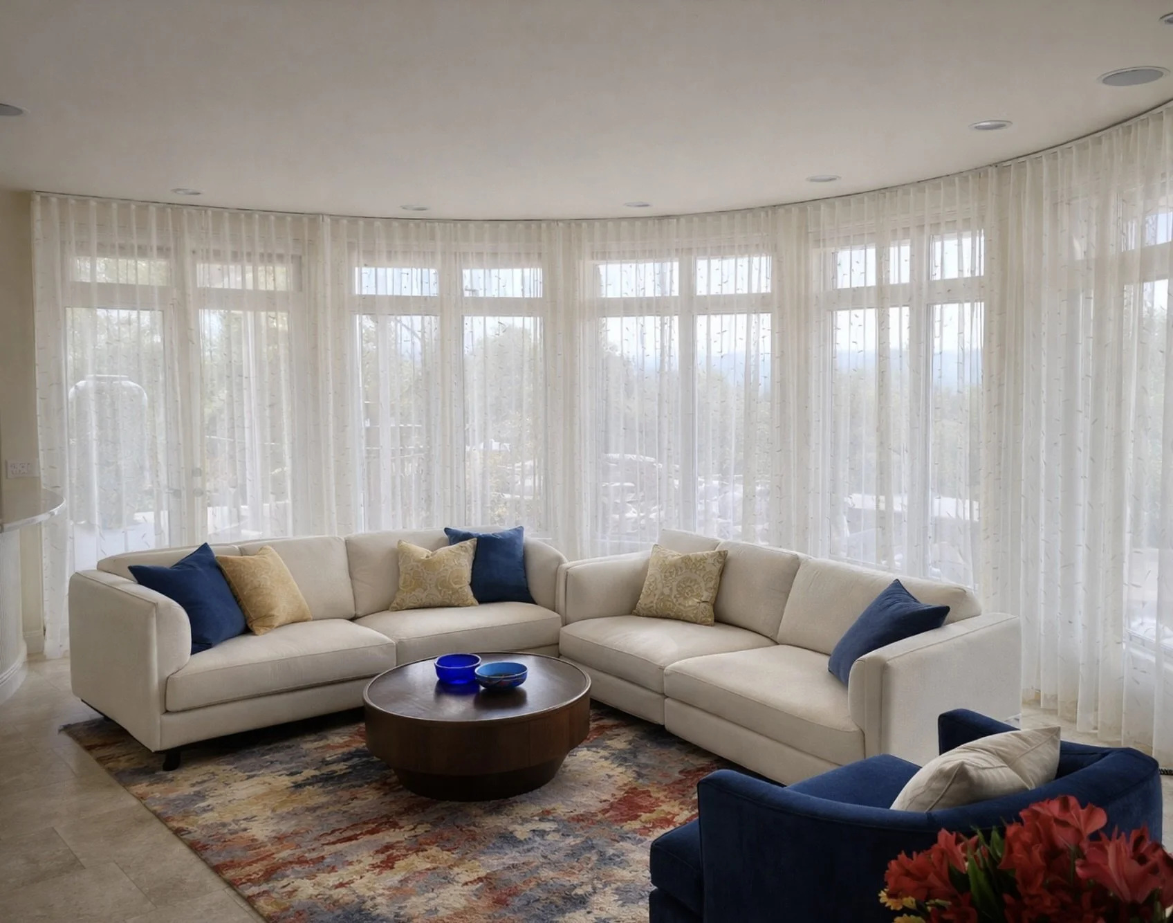 Custom sheer drapery for curved wall of windows in San Diego living room