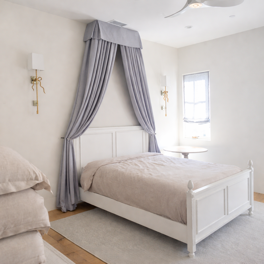 Custom drapery canopy with valance for bedroom in San Diego home