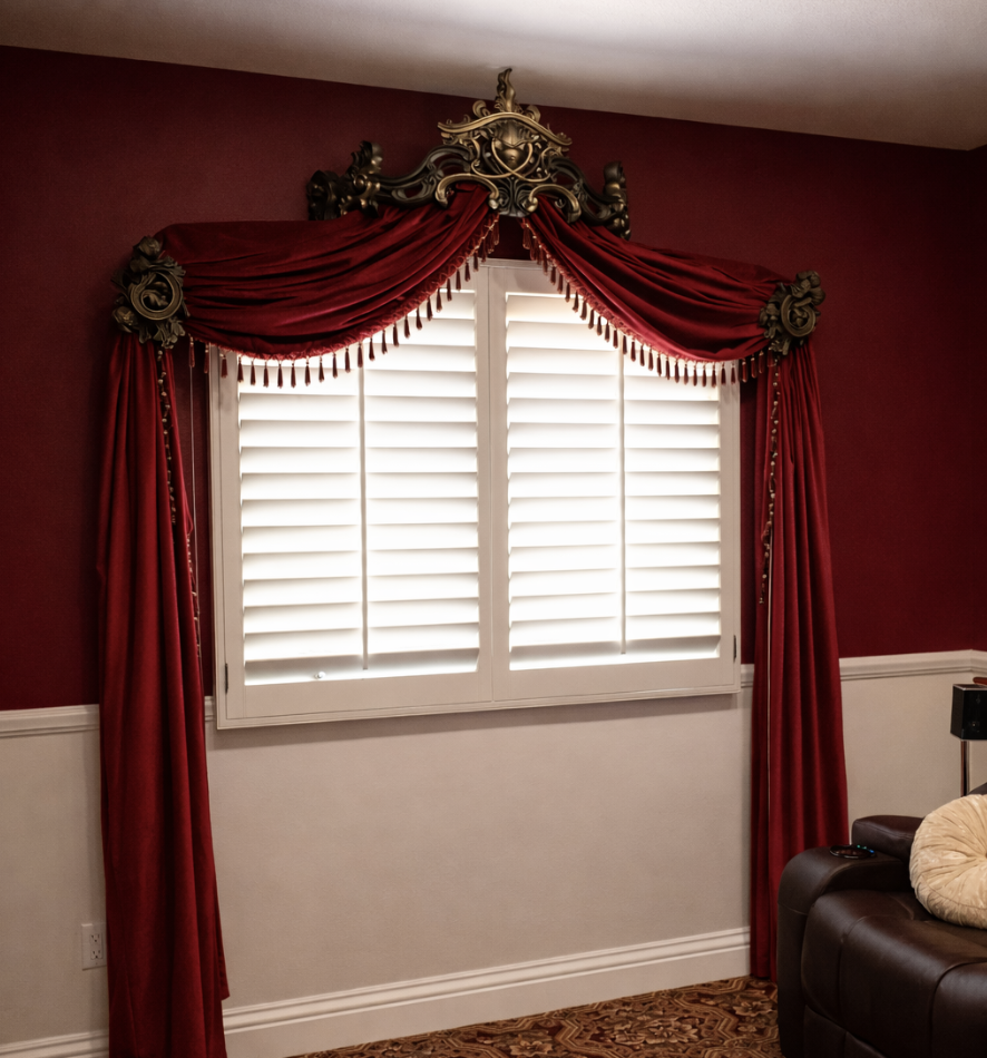 Custom ornate drapery with valance and tassels in San Diego home