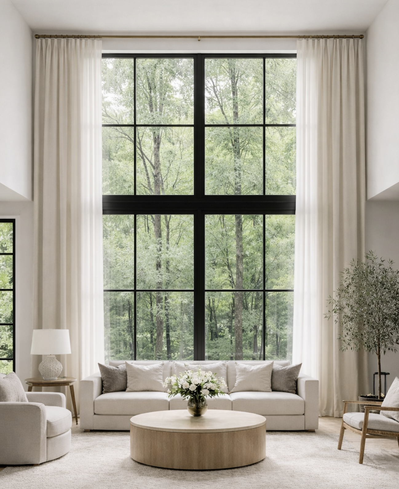 Custom floor-to-ceiling drapery for large windows in San Diego living room