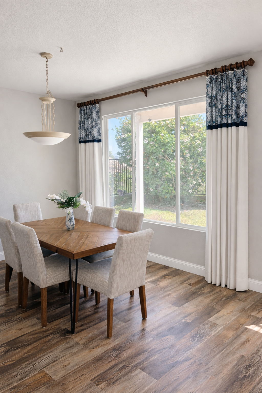 Custom patterned drapery for sliding glass door in San Diego dining room