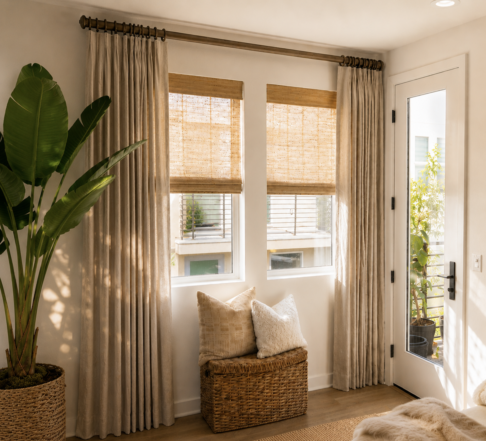 Custom beige pinch pleat drapery with woven Roman shades in a warm modern bedroom