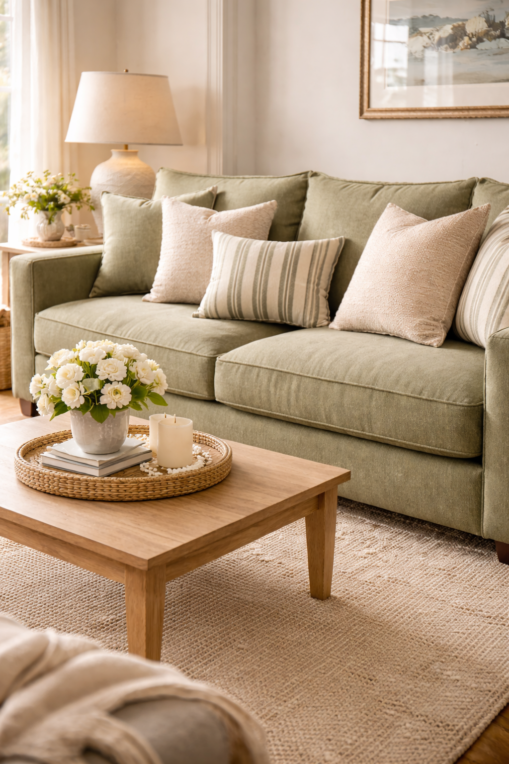 Custom upholstered sofa with neutral fabric in San Diego living room