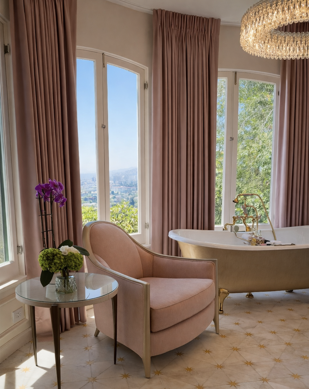 Custom pink drapery for large bathroom windows in San Diego home