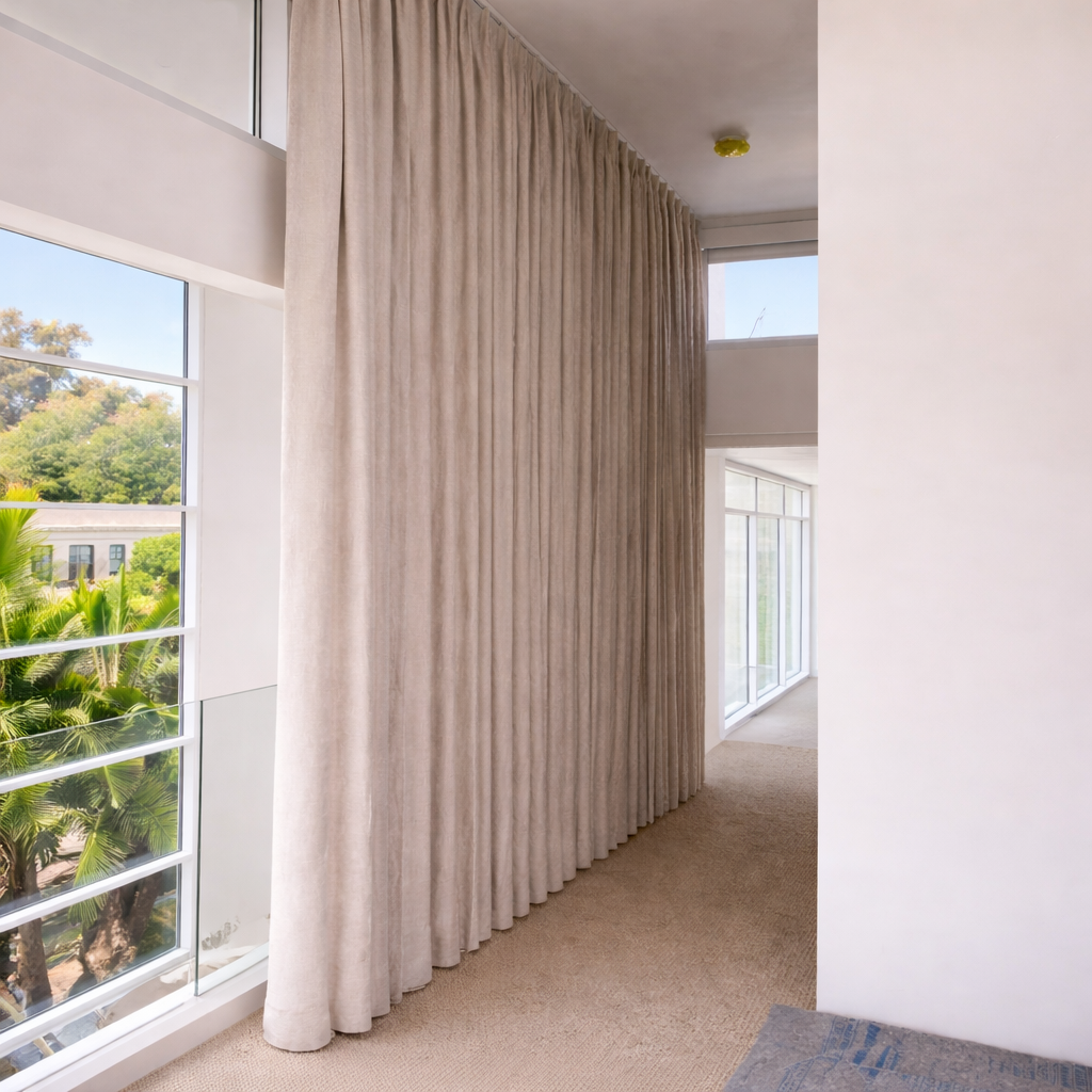 Custom curved wall drapery for large windows in San Diego home