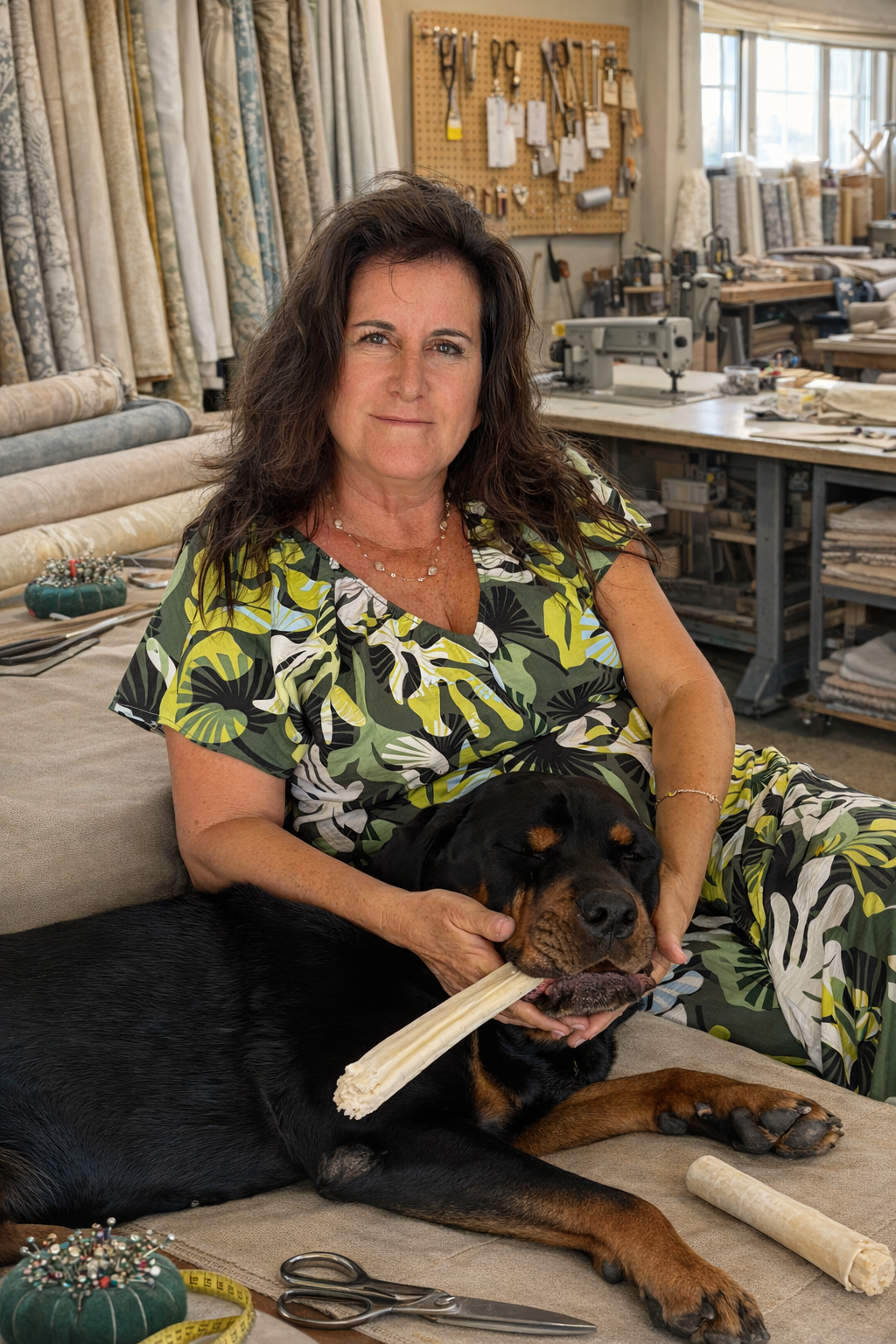 Kathleen McKaveney owner of Pacific Drapery in San Diego workshop with Rottweiler Brutus