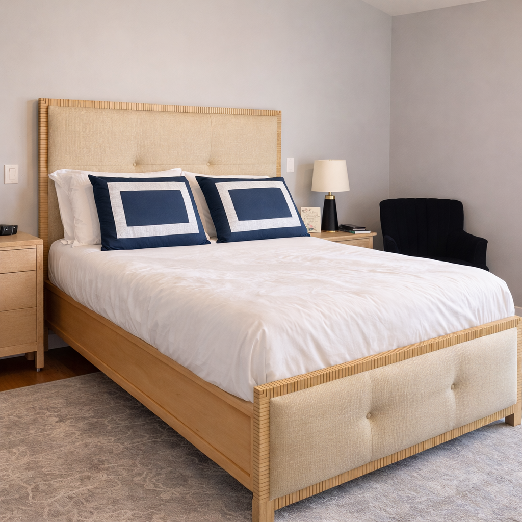 Custom upholstered bed frame with tufted headboard in San Diego home