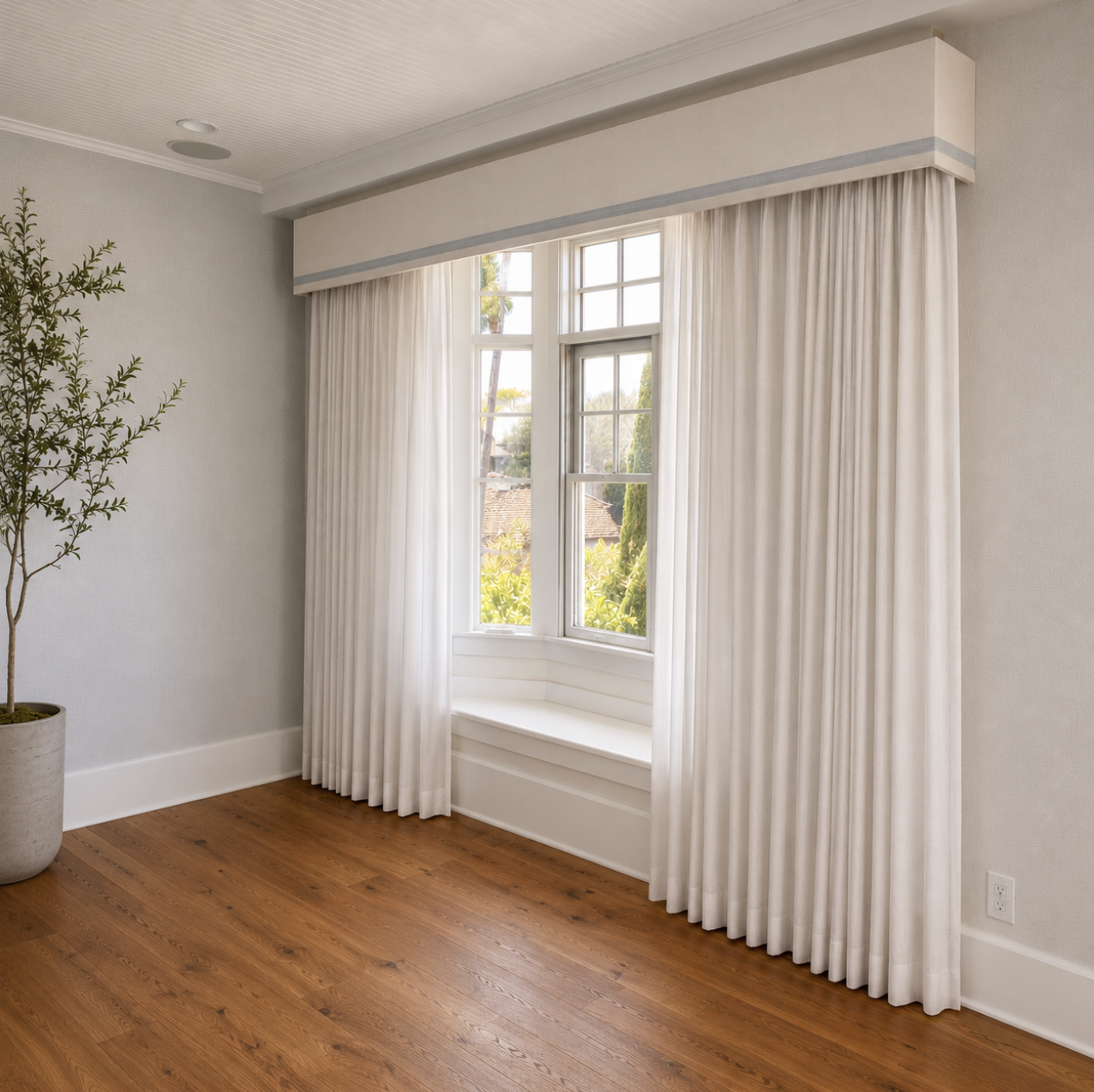 Custom sheer drapery for bay windows in San Diego home