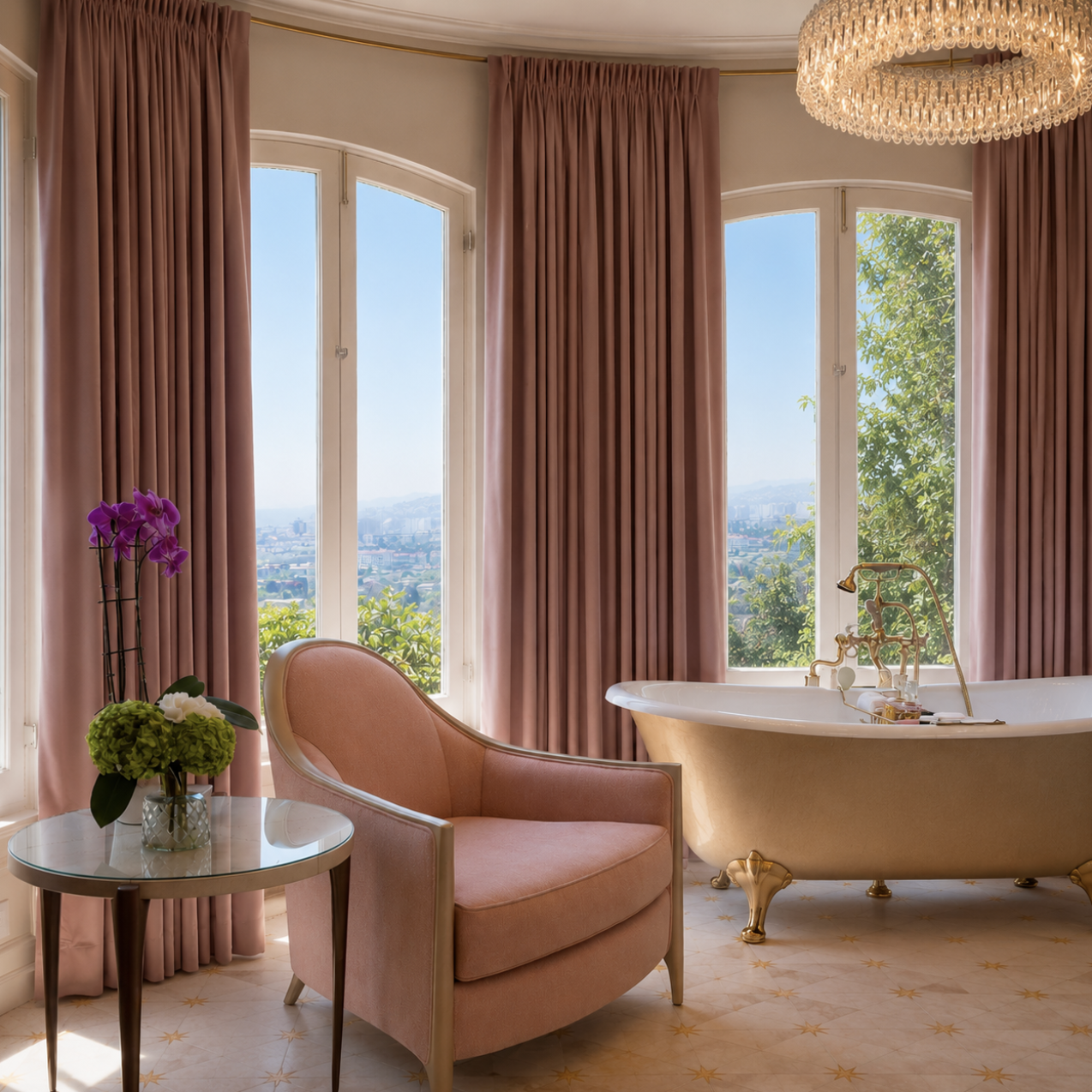 Custom pink drapery for large bathroom windows in San Diego home