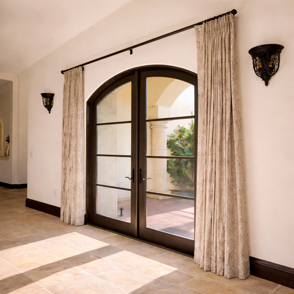 Custom drapery for arched French doors in San Diego home