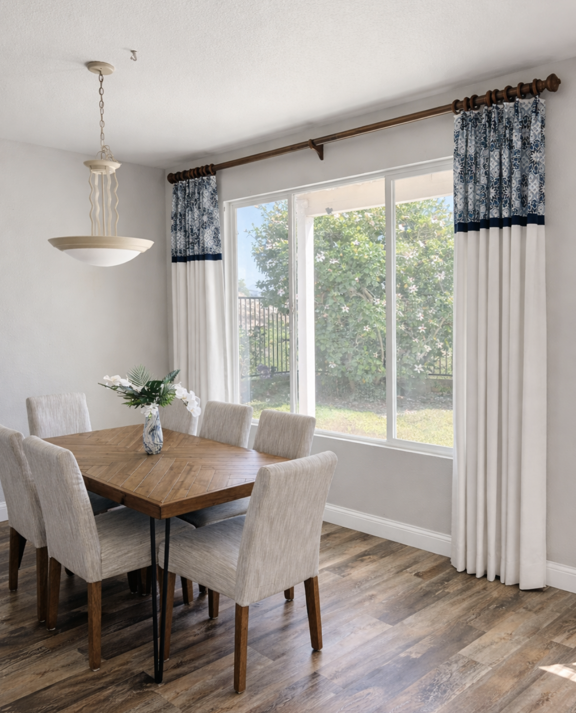 Custom patterned drapery for dining room windows in San Diego home