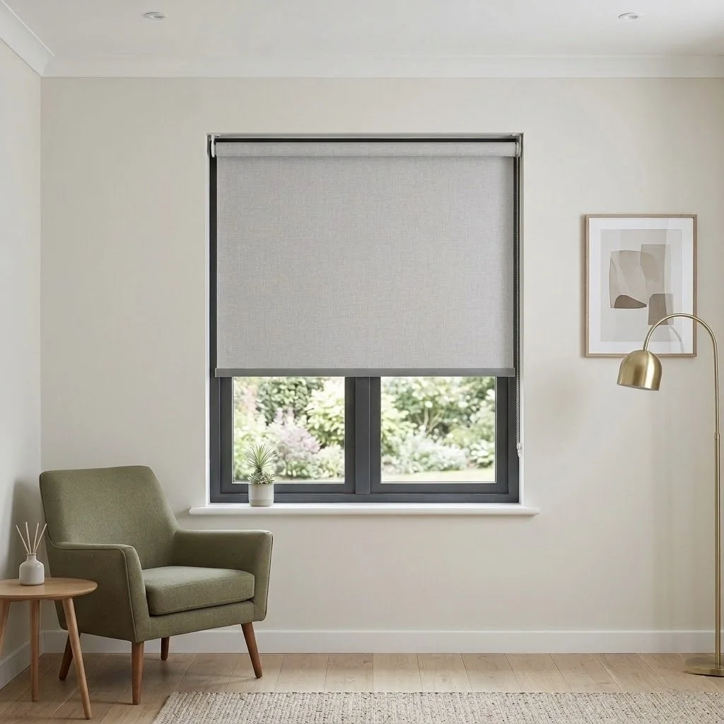 Custom roller shade for bedroom window in San Diego home