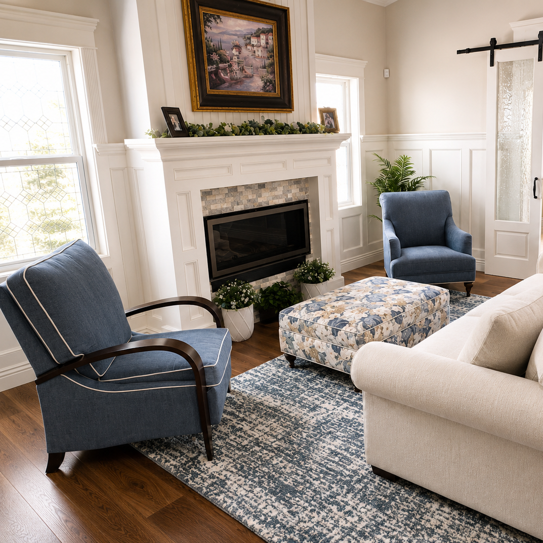 Custom sheer panel inserts on sliding barn doors in a bright traditional living room